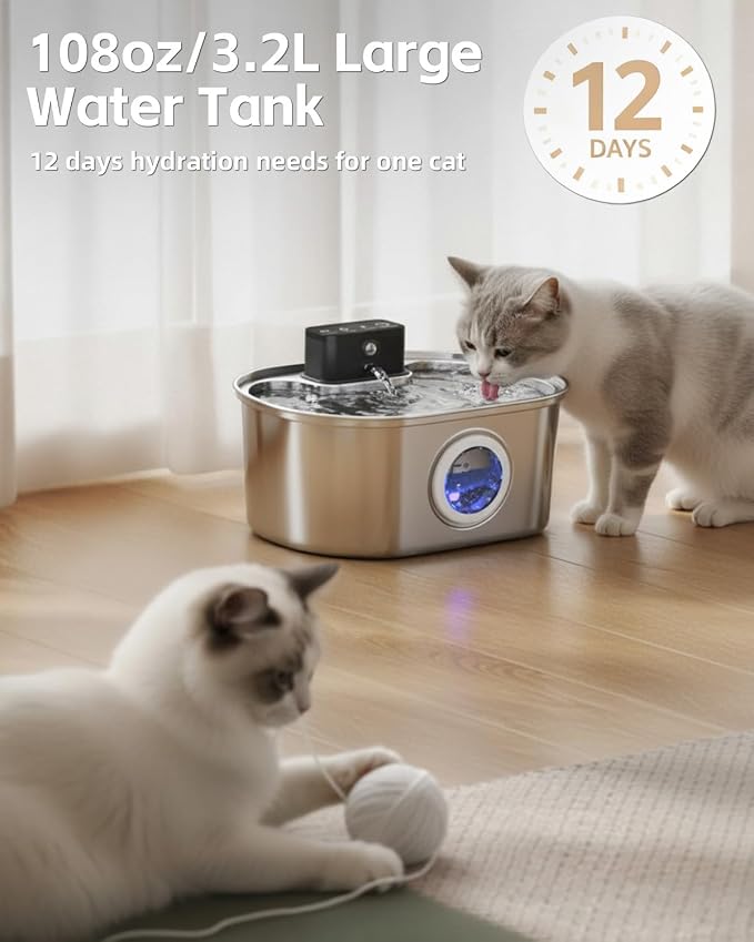 Cat Water Fountain Cordless, Stainless Steel Pet Water Fountain Wireless – 3.2L/108oz Battery Operated Automatic Water Dispenser for Cats Indoor, with Motion Sensor & Quiet Pump (4 Filter & Sponge)