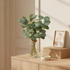 Briful Artificial Eucalyptus Stems in Glass Vase with Faux Water, 14" Fake Plant Eucalyptus Leaves for Home Bathroom Office Farmhouse Wedding Centerpiece Décor