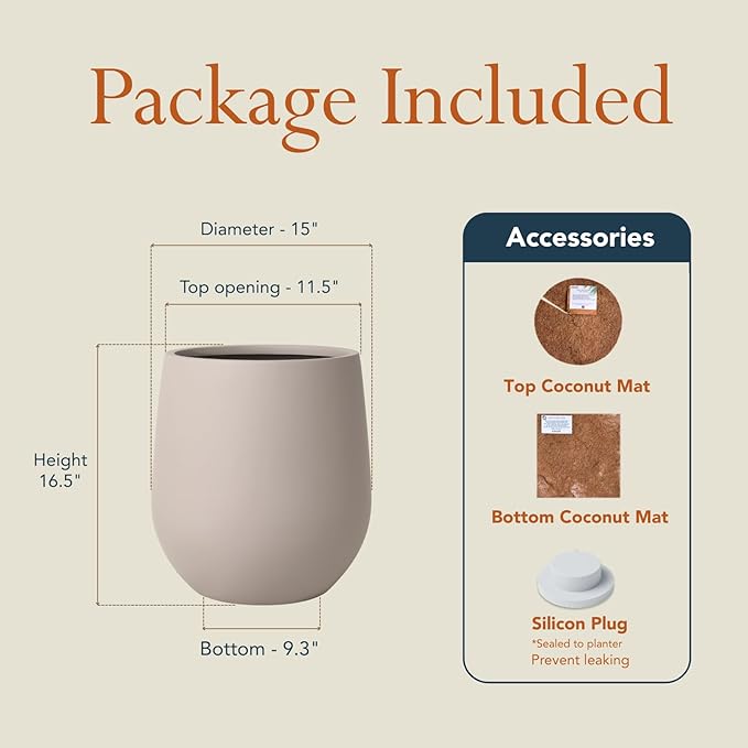 16.5" H x 15" D Premium Corso Fiberstone Round Tapered Planter with Drainage Hole, Weather Resistant for Indoor & Outdoor Use, Included 2 Extra Coco Mats (Taupe, 11.5" Pot Opening)