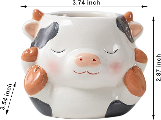 DIYOMR Cute Animals Planter, Mini Ceramic Cartoon Animal Shaped Succulent Flower Pot Indoor Air Plants Holder, Smooth Shiny Decorative Flower Cactus Planter - Plants Not Included (Milk Cow)
