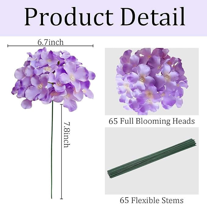 65Pcs Purple Hydrangea Artificial Flowers Bulk，Realistic Silk Fake Flowers with Stems，Faux Hydrangea Flowers for Wedding Home Decor Centerpieces Living Room Garden Party Baby Shower Decoration