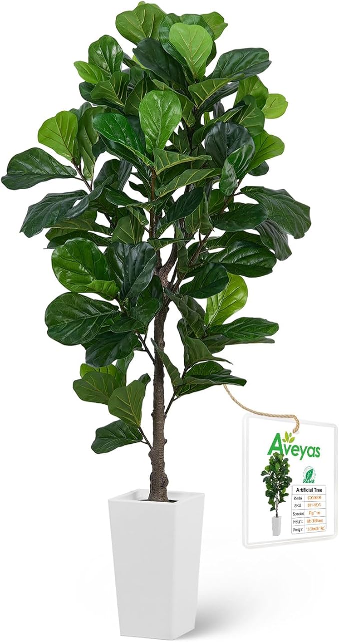 Aveyas 6ft Artificial Fiddle Leaf Fig Tree for Home Decor, 6 Feet Large Faux Plant Fake Ficus lyrata Silk Trees with Pot for Indoor Outdoor House Living Room Office (6 ft Tall Including Raised Pot)