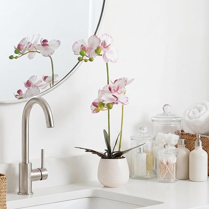 Fake Orchid in Vase Artificial Orchids That Look Real with Pot Artificial Flowers for Home Decor (Pink)