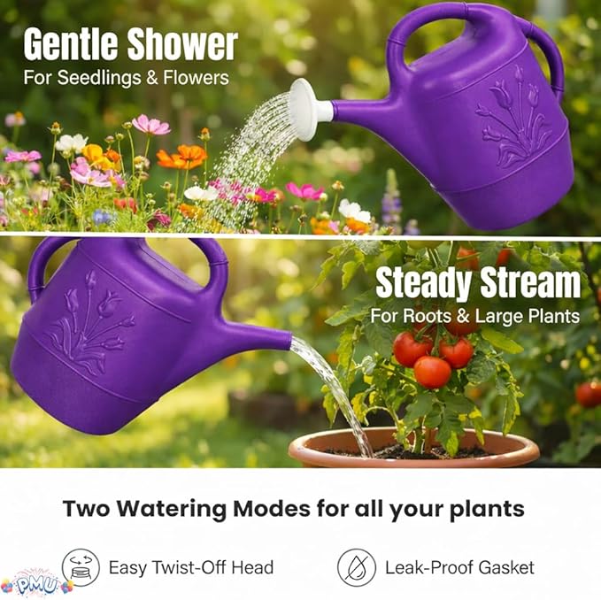 PMU 2 Gallon Watering Can - Garden Watering Can for Indoor & Outdoor Plants - Plastic Water Can with Detachable Sprinkler Head - Large Water Pot, Made in USA - Purple Pkg/12