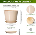 Ceramic Plant Pots - 12 Inch Plant Pot with Drainage Hole and Tray, Large Round Flower Pot for Indoor Outdoor, Modern Planter, Decorative Planters, Home Garden Decor, Beige