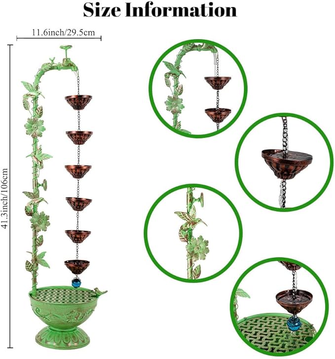 40" Vintage Metal Floor Water Fountain - Soothing Waterfall Outdoor Fountains with 6 Hanging Cups for Garden Patio Backyard Deck Decor, 1107 - Green Hummingbirds & Faucet