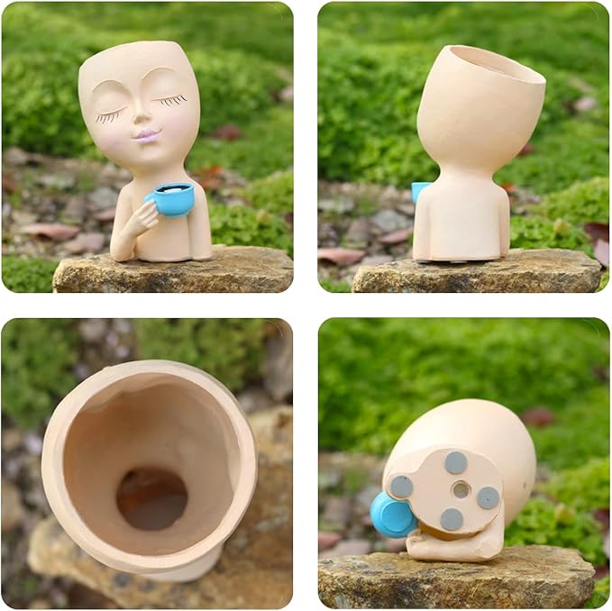Face Pot for Plants, with a Base,Face Flower Pot for Indoor Outdoor Plants Resin Succulent Planter with Drainage Hole Cute Lady Plant Pots（Lignt Orange）