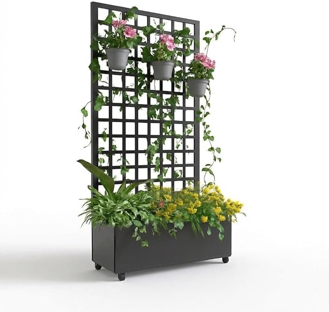 IDEALHOUSE Metal Planter Box with Trellis, 72"x35"x15.7" Galvanized Raised Garden Bed on Wheels with Drainage Holes, Outdoor Planter for Climbing Plants Vines & Privacy Screen, Square Lattice