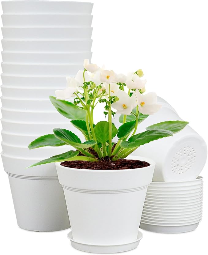 Meowell 6 inch Plastic Nursery Pots, 16 Pack Plant Pots for Indoor Outdoor Plants, Flower Pots with Drainage Holes and Saucers, Decorative Seedling Starter Planters for House Plants, White