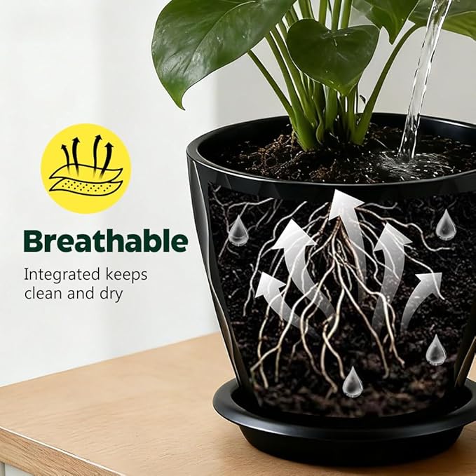 Plant Pots, Self Watering Planters with Drainage Holes and Trays, Flower Pots for Indoor Outdoor - 6 Pack(4/5/6/6.5/7/8 Inch) (Black)