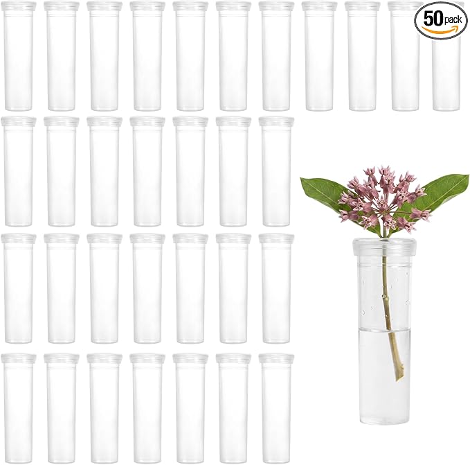 50 Pack 4.33 Inch Floral Water Tubes, 60ml Large Flower Tubes for Milkweed Cuttings, Plastic Floral Vials with Caps for Flower Arrangements, Butterfly Breeding & Florist Supplies