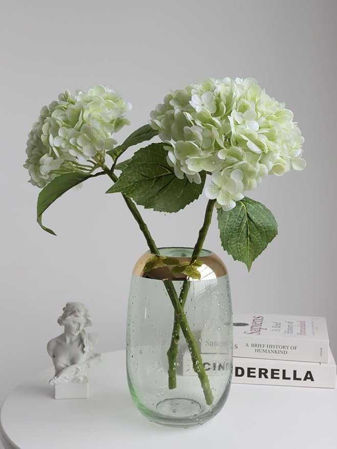 Buart 4PCS Long Stem Big Size Flowers Artificial Silk Hydrangea Lifelike Flowers Real Touch Green Artificial Flowers Wedding Shower Bride Bouquets Office Living Room Table Decorations (21 Inch)