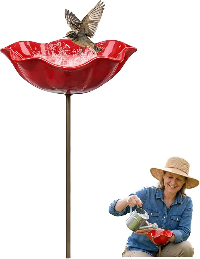 Handmade Metal Flower Garden Stake Bird Bath, Hummingbird Feeder, Bee & Butterfly Puddler, Mini Pollinator Watering Station for Garden Patio Lawn Yard Decor (Red, 1PCS)