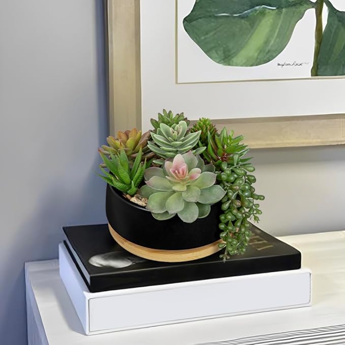 Artificial Succulent Plants in Pot 5.5 Inch Fake Succulents Arrangement Potted Plant in Black Ceramic Planter Bowl with Wood Saucer for Home Office Desk Shelf Living Room Bedroom Bathroom Decor