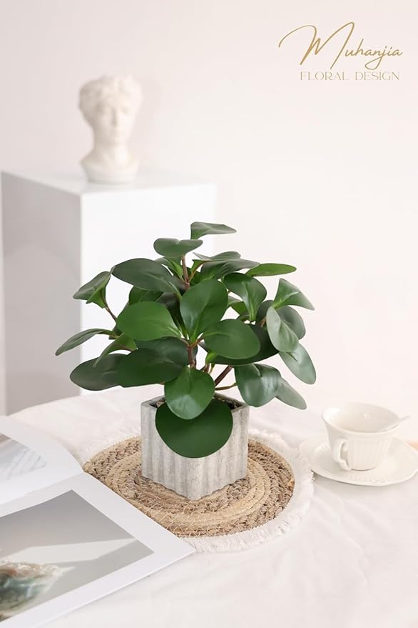 Muhanjia Artificial Potted Plant, Lifelike Faux Greenery in Decorative Cement-Look Square Pot for Indoor Home Decor Centerpieces (Peperomia)