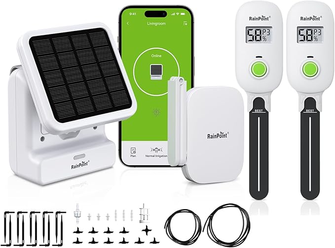 RAINPOINT WiFi Solar Auto Watering System with Two Smart Digital Soil Sensors for House Potted Plants
