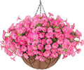 Artificial Faux Hanging Flowers Plants Baskets for Outdoors, Fake Silk Morning Glory Eucalyptus in Planter UV Resistant Realistic Outdoor Flowers for Outside Porch Patio Balcony Garden Yard Home Decor