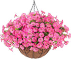 Artificial Faux Hanging Flowers Plants Baskets for Outdoors, Fake Silk Morning Glory Eucalyptus in Planter UV Resistant Realistic Outdoor Flowers for Outside Porch Patio Balcony Garden Yard Home Decor