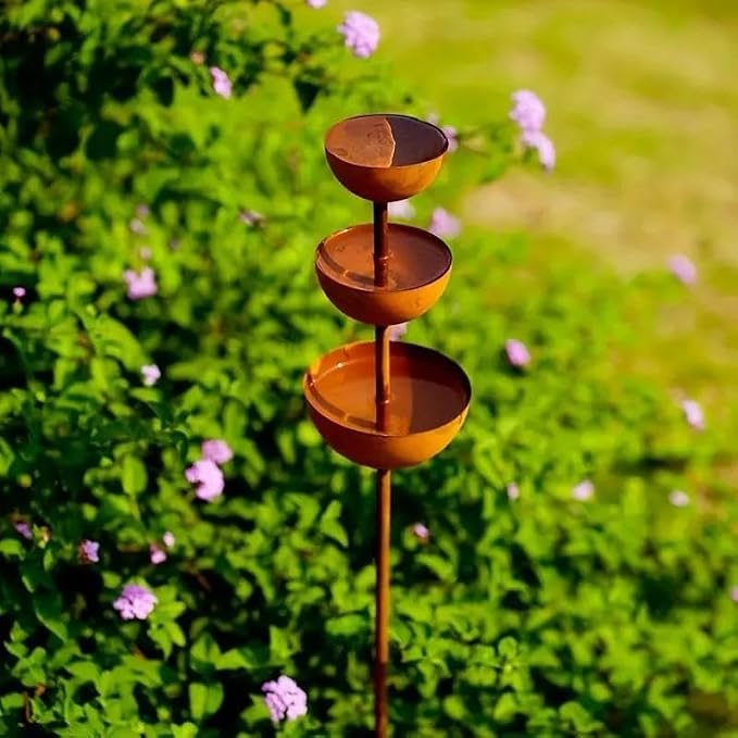 Rain Catcher - Plant Support Metal Garden Ornament,3-Tier Rain Catcher Garden Stake with Water Bowls,Rusty Metal Flower GardenStakes Bird Bath,Bird Bath & Bee Watering Station for Outdoor Patio Decor