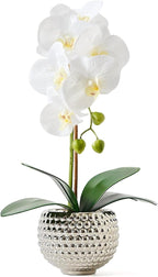 Fake Flowers with Vase, Large Orchids Artificial Flowers in Silver Pot Fake Orchid Fake Plant in Pots Artificial Flowers for Home Decor Indoor Table Centerpiece Bathroom Decoration