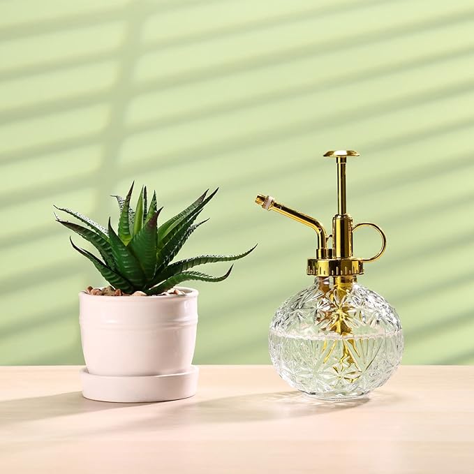 Glass Plant Mister Spray Bottle, 6.5" Clear Glass Water Spray Bottle with Gold Top Pump Small Watering Can, Small Plant Sprayer Mister for Indoor Outdoor House(Clear+Gold E)
