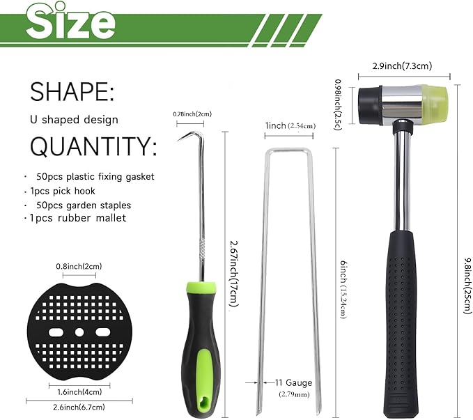 6 Inch Landscape Staples Set, 11 Gauge Galvanized U-Shaped Garden Stakes (50 Pack) with Gaskets, Hook Tool & Rubber Mallet for Weed Fabric & Landscaping