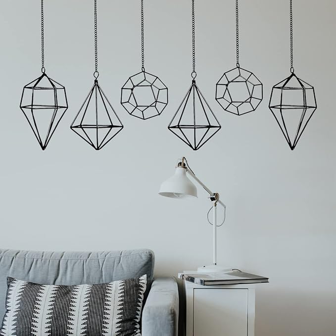 Iron Air Plant Holder, 6PCS Geometric Tillandsia Stand - Wall Mounted Hanging Planter for Home Office Decor, Black Metal Himmeli Craft for Air Ferns, Small Airplants Display