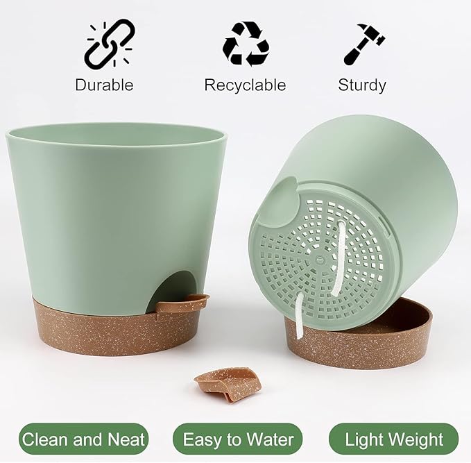 Indoor Self Watering Planters with Drainage Holes and Saucers, 8, 7, 6.5, 6, 5.5, 5 Inches, 6 Pots（Green+Brown