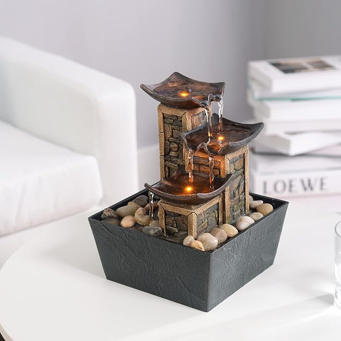 GOSSI Indoor 3-Tier Tabletop Water Fountain with Soothing Sound, Simulation Stone Pillar Design, Natural River Rocks, Reflective Lighting for Meditation and Relaxation