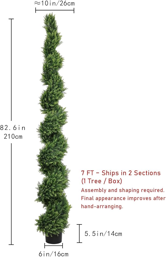 THE BLOOM TIMES 7ft Spiral Artificial Topiary Trees Set of 2, 82 inch Faux Cedar Trees for Outdoor Planters - Fake Twist Cypress Plants for Garden Front Porch Indoor Outside Christmas Decor 7 Foot