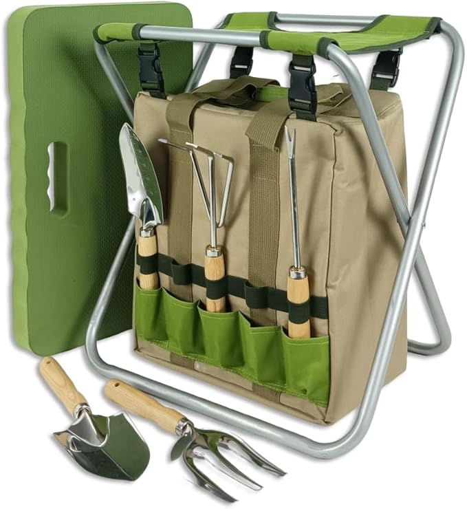 Garden Tool Set with Folding Kneeler Stool Green Steel Frame Oxford Fabric 8PCS Gardening Tools with Insulated Tote Bag Knee Mat for Outdoor Gardening Camping Fishing