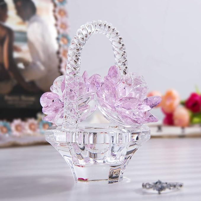 H&D HYALINE & DORA Glass Rose Flower Gift for Women Handcraft Pink Crystal Rose Flower Basket Figurine for Valentine's Day Mother's Day Christmas