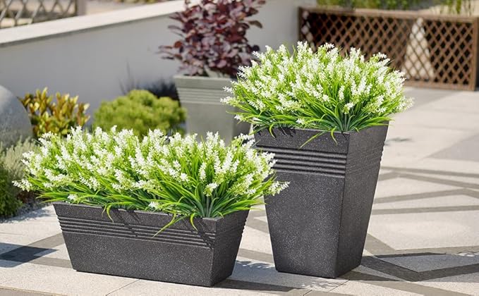 obbsie 12 Bundles Artificial Plants Outdoor, 18.2" UV Resistant Faux Monkey Grass Greenery Stems No Fade Faux Plastic Flowers Shrubs for Home Weddings Garden Porch Front Patio Office Decor- White