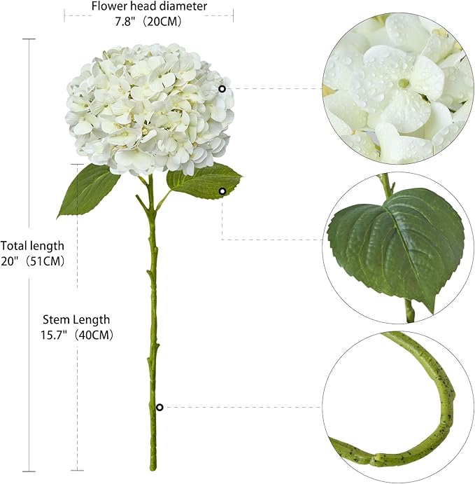 ZYTUYO 4PCS White Artificial Flowers Hydrangea 20" Real Touch Latex Faux Hydrangeas Silk Flowers with Green Leaves Stems for Short or Tall Vase Table Party Center Fake Bouquet Decor
