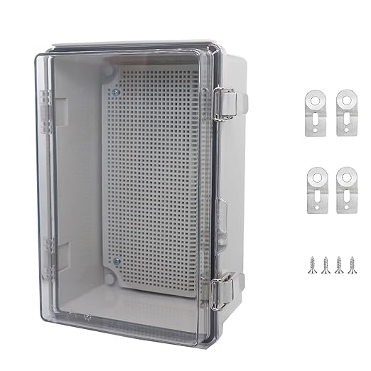 Waterproof Junction Box, ABS Plastic Electrical Box with Stainless Steel Latch, Hinged Cover Electric Project Enclosure Box with Mounting Plate, Wall Brackets & Cable Gland 11.8"x7.8"x7.1"