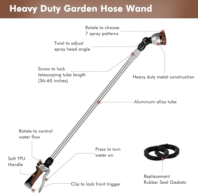 RESTMO 36”-60” Metal Watering Wand, Long Telescopic Tube | 180° Adjustable Ratcheting Head | 7 Spray Patterns | Flow Control, Perfect Garden Hose Sprayer to Water Hanging Baskets, Shrubs, Brown