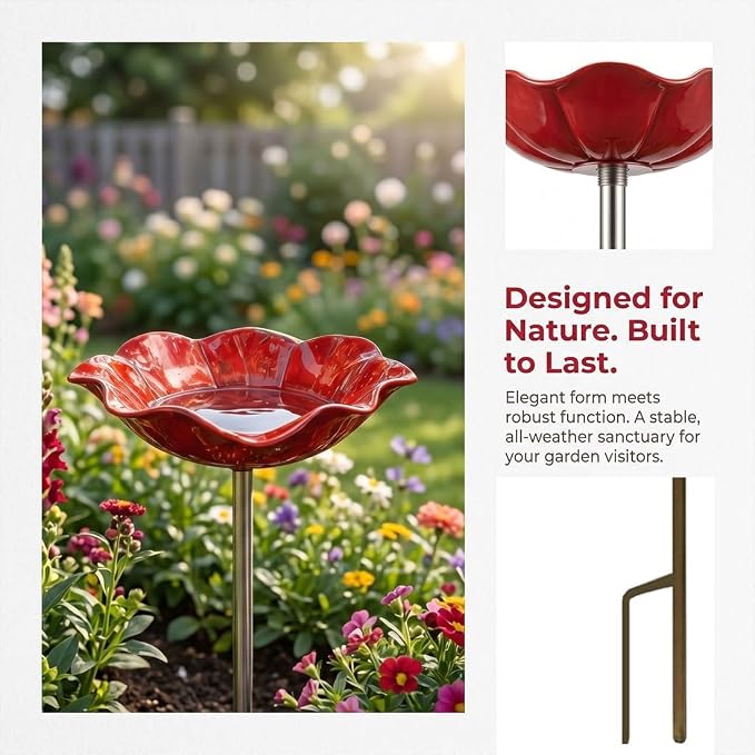 Metal Flower Garden Stakes Bird Bath, Decorative Outdoor Bird Feeder for Garden Yard Art, Handmade Rustproof Metal Flower Stakes for Attracting Birds Backyard Lawn Patio Decorations (Blue-2pcs)
