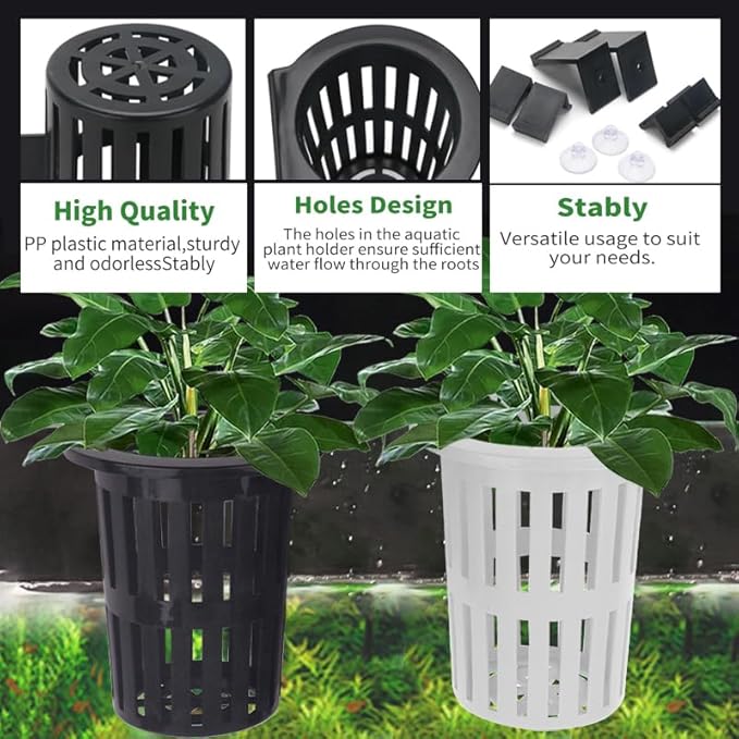 Upgraded Large Aquarium Plant Holder with Extension Hooks and Suction Cups, Aquatic Plants Cup for Tank for Fish Tank Aquaponic Plant Cultivation and Aquascape Accessories (Black-2PC)