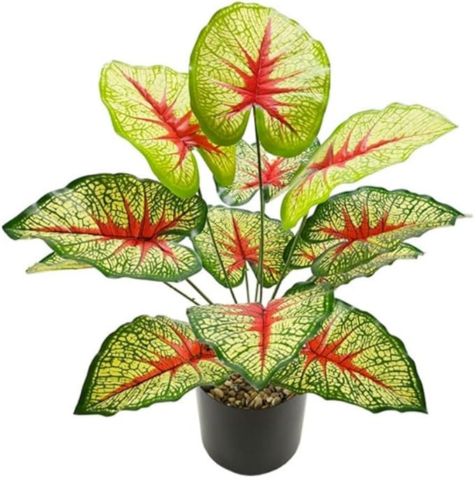 Artificial Caladium Plant with Red and Green Leaves, Red Leaf Artificial Plants Decoration Simulated Bonsai Potted Decor Home Room Party Wedding Office Floor (Yellow(No Flowerpot), 60cm)