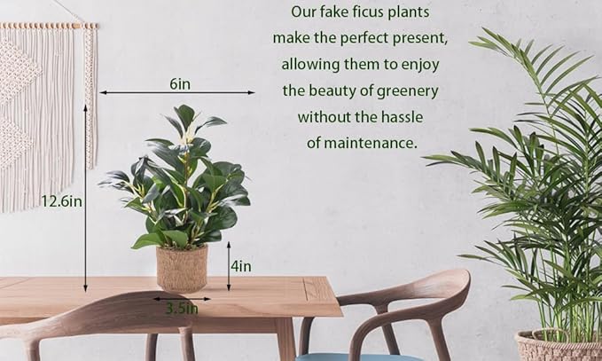 12.6" Fake Plants in Brown Ceramic Vase Real Looking and Touching Evergreen Ficus Leaf Faux Plant indoor for Book Shelf Bathroom Office Desk Kitchen Counter Bedroom Small Space Artificial Plant Decor