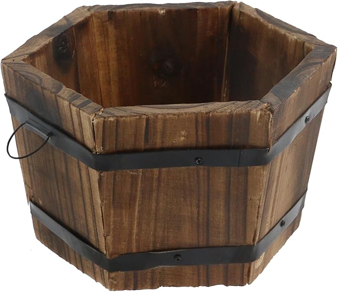 MY MIRONEY Plant Pots, Vintage Wooden Barrel Planter - Solid Rustic Garden Flower Pot with Metal Handles & Frame for Indoor Planter, Office Home Decor, Garden Home Plants, 6.5" x 3.94"