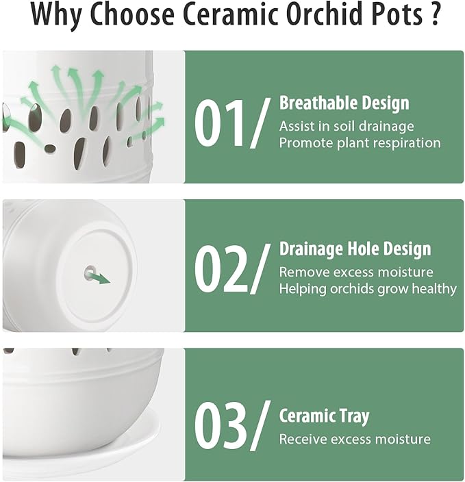 Set of 2 Orchid Pot, 5+6 Inch Orchid Pots with Holes, Orchid Pots for Repotting, Ceramic Flower Pots with Drainage and Tray, Planters for Indoor/Outdoor Plants - White