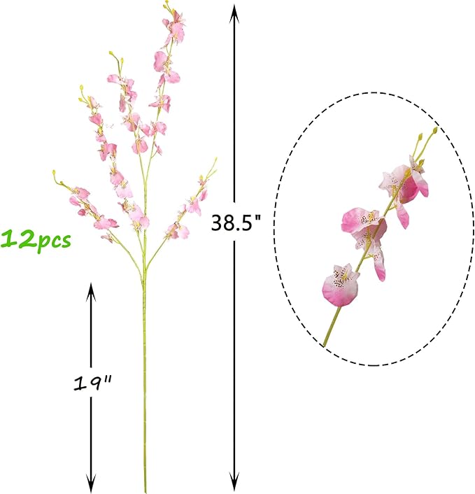 Pink Flowers Artificial Silk Orchids Bulk 12 Pcs (38.5”) Long Stem Artificial Flowers for Tall Vase, No Include Vase