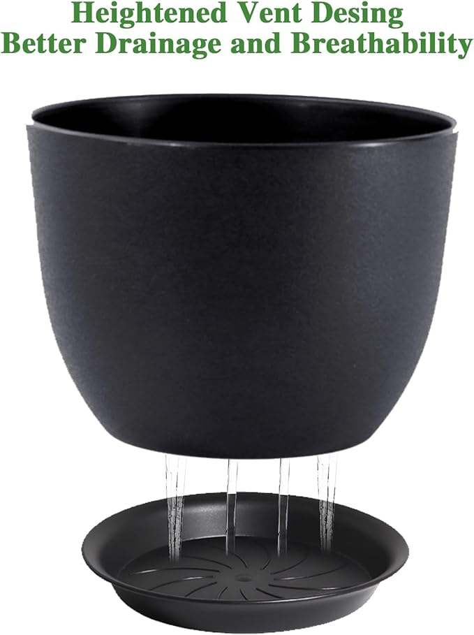 UOUZ 12inch Large Plant Pot, Modern Plastic Planter with High Driange Holes and Saucer for Indoor Outdoor Garden Plants and Flowers, Black