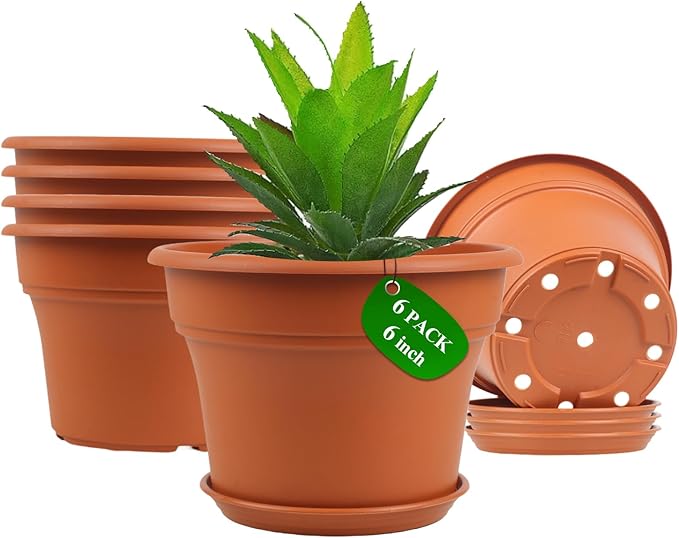 Pottiffe 6 Inch Plastic-Flower Pot-for-Indoor Plants, 6 Pack Outdoor Plant Pots with Drainage Holes & Saucers, Resin Garden Pots Planters