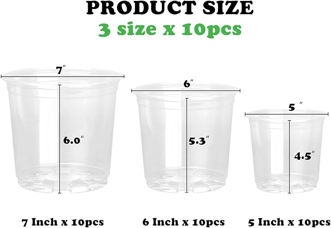 RAOOKIF 30 Pack 5/6/7 Inch Reinforced Clear Nursery Pots with Drainage Holes, Nursery Pots for Plants Variety Pack, Transparent Plastic Plant Pots for Seedlings, Seed Starters