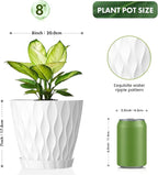 UOUZ 8 Inch Plant Pots, 2 Pack Plastic Planters for Indoor Outdoor with Drainage Holes & Saucers, Waffle Texture Flower Pots for Indoor Plants, Indoor Plant Pots for Monstera, Fiddle Leaf Fig, White