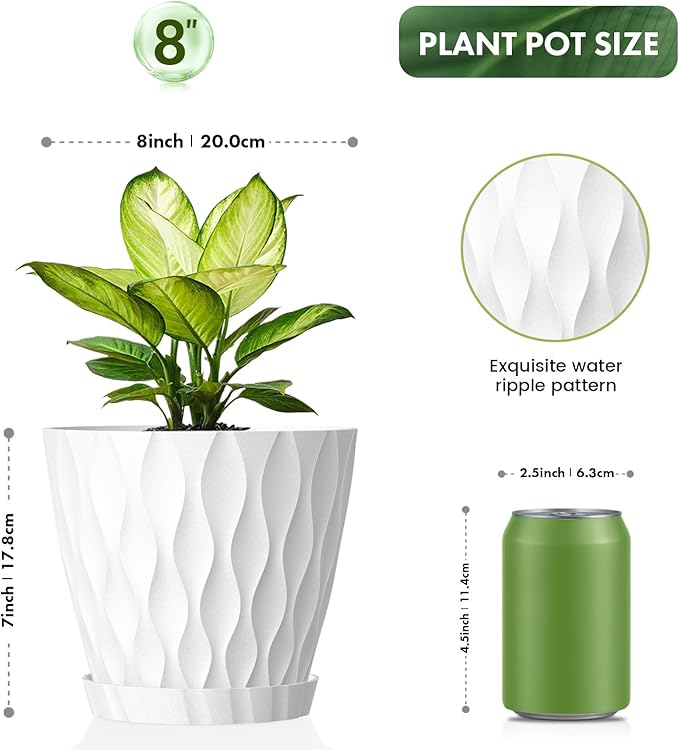 UOUZ 8 Inch Plant Pots, 2 Pack Plastic Planters for Indoor Outdoor with Drainage Holes & Saucers, Waffle Texture Flower Pots for Indoor Plants, Indoor Plant Pots for Monstera, Fiddle Leaf Fig, White