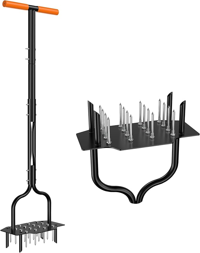 2-in-1 Lawn Aerator, Heavy Duty Manual Core Aerator Lawn Tool with 16 Iron Spikes & 4 Hollow Tines Garden Tools for Yard Grass Soil