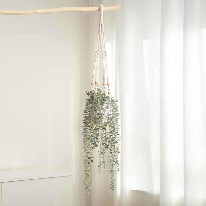 Decorative Hanging Plants for Shelf, Faux Ivy Eucalyptus Vine, Fake Greenery in White Pot (Extra Large)